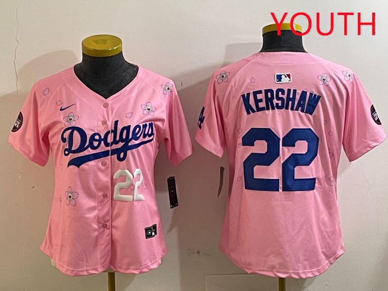 Youth Los Angeles Dodgers #22 Kershaw Pink White Blue Sakura Edition 2025 Nike MLB Jersey style 4